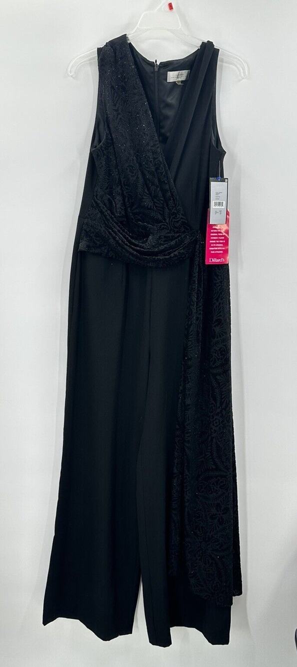 Tahari Arthur S Lavin Size 12p Black Velvet Wide Leg Jumpsuit Black Sparkle